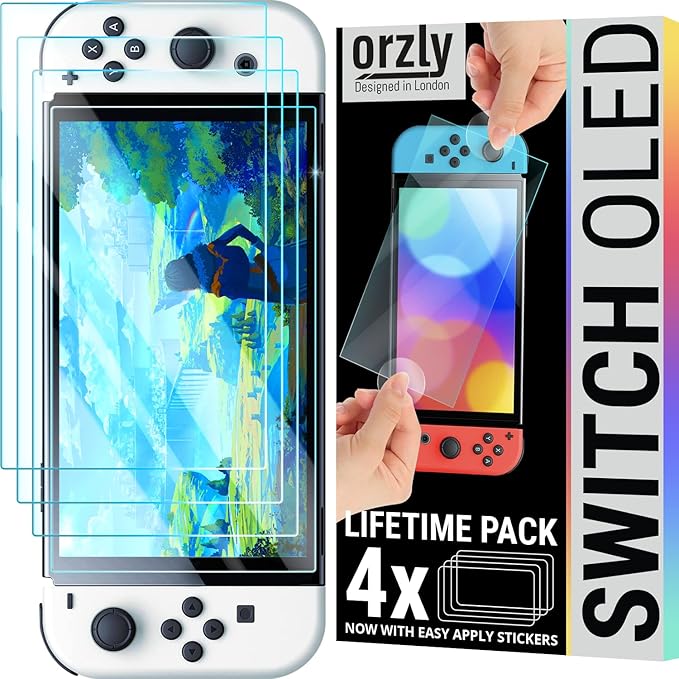 Orzly paquete de protectores de pantalla para la consola OLED de Nintendo switch modelo 2024 - Paquete de 4 vidrio templado con accesorios de fácil instalación Edición de por vida