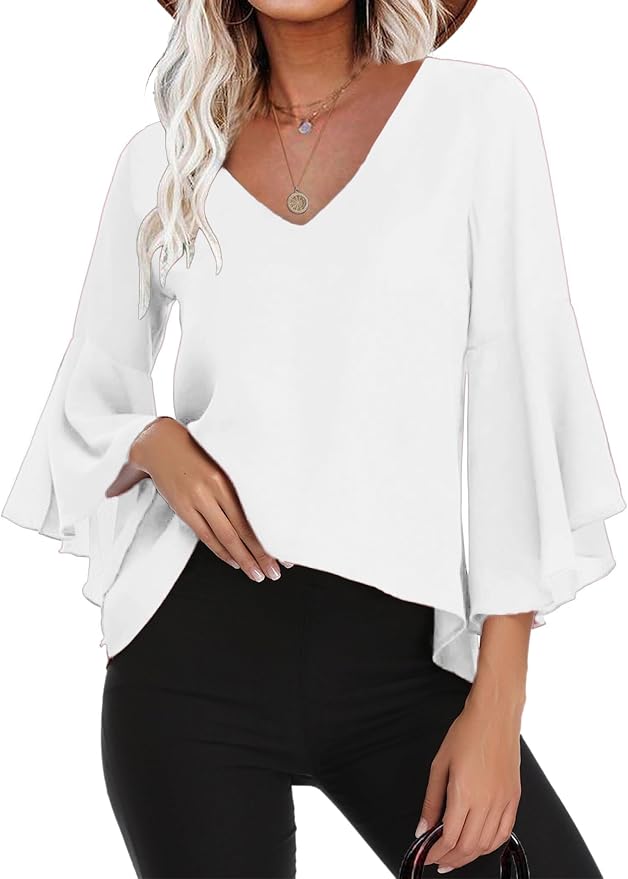 Gyabnw Blusas Mujer Elegante 3/4 Manga Blusa Informal de chifón Verano, Transpirable con Volantes, Cuello en V, Blusa Ligera para Primavera Verano Otoño