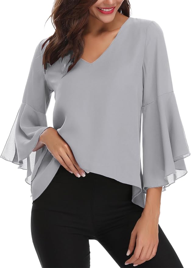 Gyabnw Blusas Mujer Elegante 3/4 Manga Blusa Informal de chifón Verano, Transpirable con Volantes, Cuello en V, Blusa Ligera para Primavera Verano Otoño
