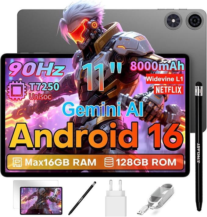 TECLAST P50T Tablet 11 Pulgadas Android 16 Tableta 90Hz, T7250 2GHz Octa-Core Gemini AI, 16GB RAM+128GB ROM+5TB TF, 8000mAh, 5G WiFi, Widevine L1, 13MP+5MP/GPS/3.5MM/BT5.2/OTG, Tablets con Lápiz, 2026