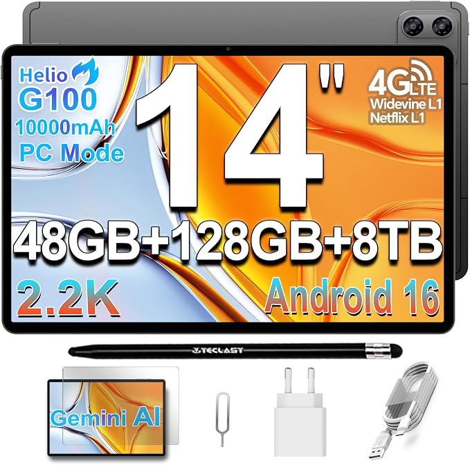 TECLAST T70PRO Tablet 14" 2.2K Gaming Tableta Android 16, G100 2.2GHz Octa-Core, 10000mAh/18W, Modo PC, 48GB RAM+128GB(TF 8TB), 4G LTE Dual SIM 5G WiFi, Widevine L1/GPS/13MP/Gemini AI Tablet con Lápiz