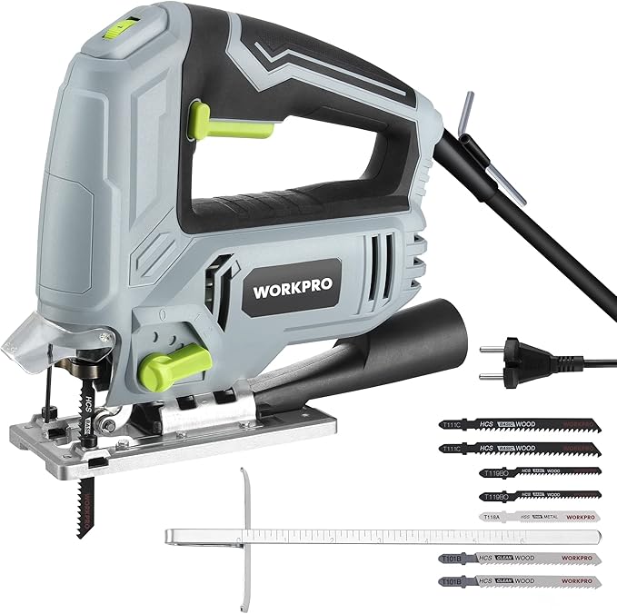 WORKPRO 600W Sierra de calar, con 6 velocidades y 4 posiciones orbitales, función de soplado de polvo, ángulo de corte de ±45°, con tubo para el polvo y regla guía, incluye 7 piezas de hojas de sierra