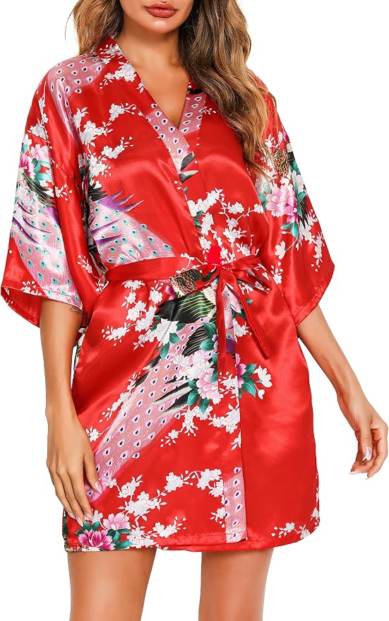 Vlazom Kimono Mujer Corto de Satén y Seda, Cuello en V con Estampado Floral, Manga 3/4 con Cinturón,S-XXL