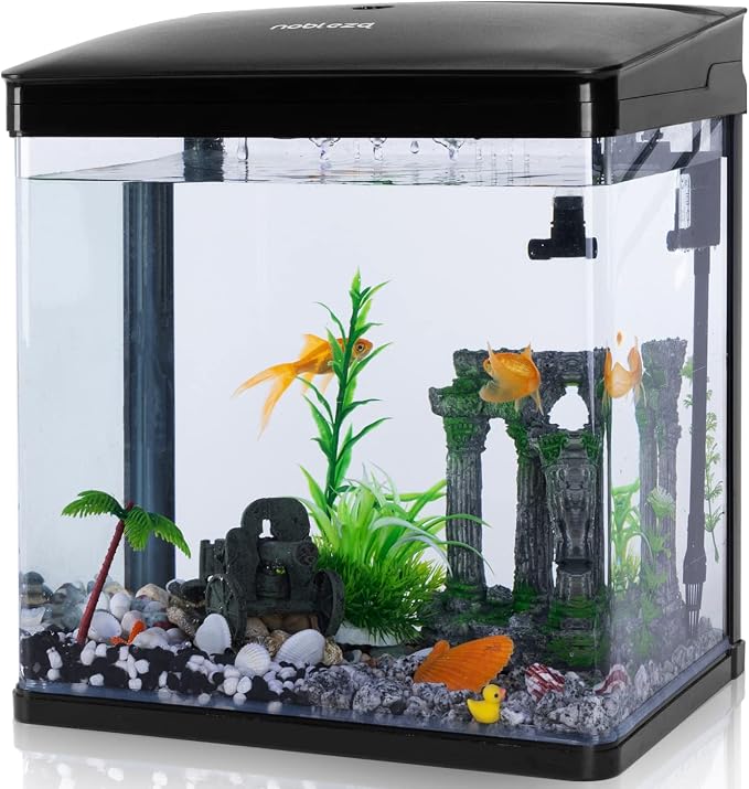 Nobleza - Acuario de Cristal 14L con Cubierta + Luces LED, Filtro Ecológico, 23x16x27.5 cm Visión Clara, Negro