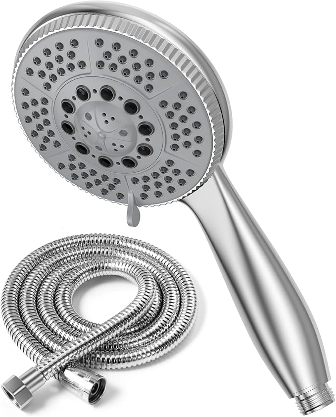 Vinabo Alcachofa de ducha + 1,5 m flexible de ducha de acero tubo, 5 funciones de chorro, ducha multifunción de alta presión, ABS cromado, rociador de ducha antical, alcachofa con boquilla, Plata