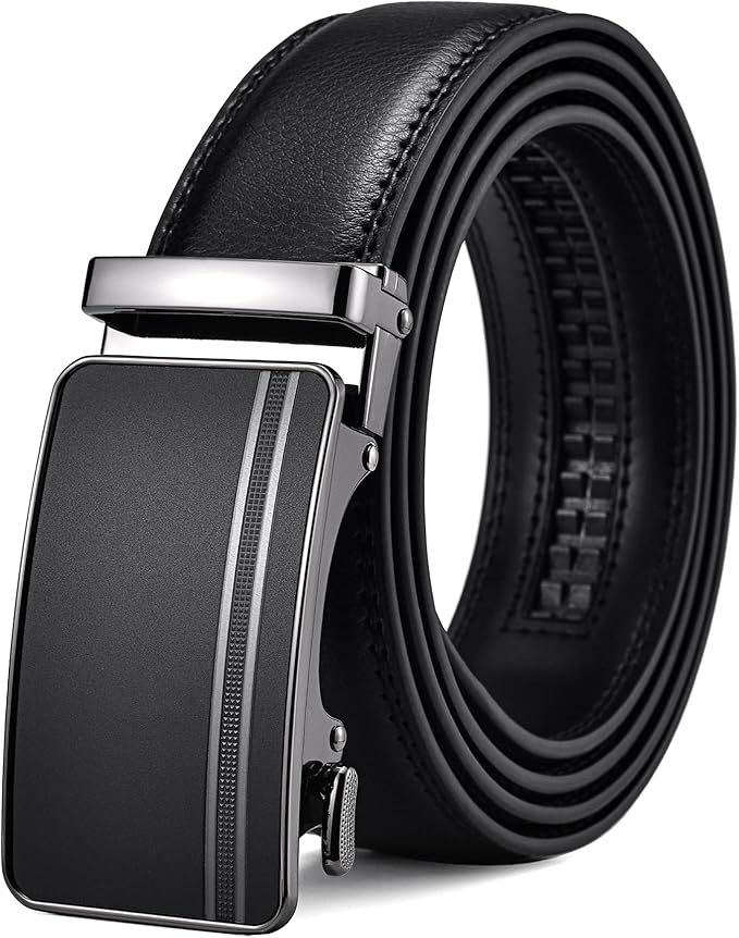 FEFLO Cinturon Hombre Cuero, Elegante Negro Hebilla Trinquete Cierre Automatico Piel sin agujeros Cinturon, Ancho 35mm, Tamaño Ajustable, Adecuado para la traje Jeans
