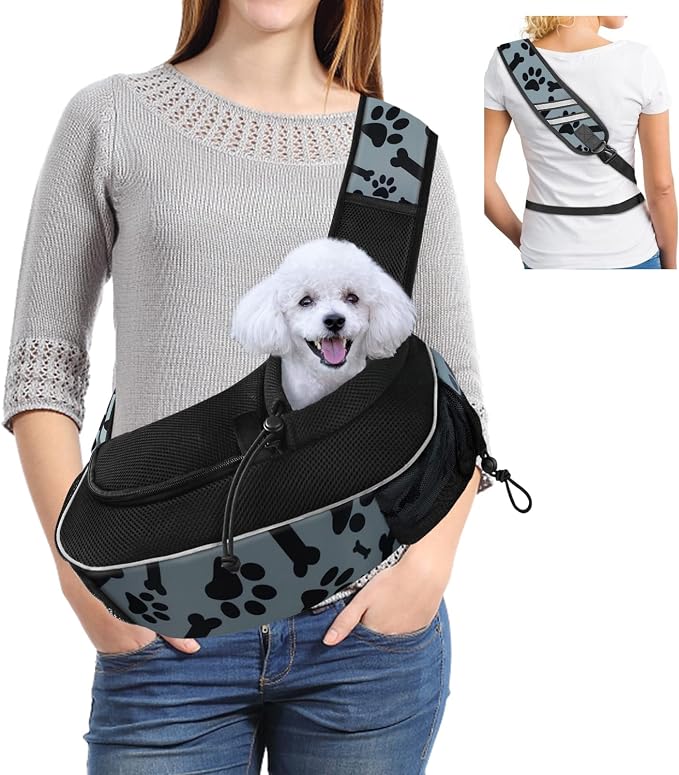 Gloppie Bolsa Bandolera Mochila Portaperros del Perro Cat Transporte Mascotas, Carga Máxima 6,5kg para Viajar Senderismo, Camping, Automóvil y Tren, Diseño Pata y Hueso, Gris M