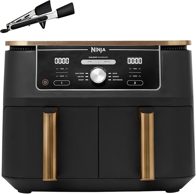 Ninja Foodi MAX Freidora de aire con compartimento doble, 9,6 l, 6 en 1, no usa aceite, Max Crisp, Asar, Hornear y más, pinzas, 8 porciones, cestas antiadherentes, en cobre y negro, AF400EUCP