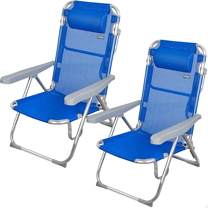 AKTIVE 62266 - Pack de 2 sillas reclinables para playa, jardín, terraza o camping, Medidas 48x60x90cm, altura 28cm, Ligera, 5 posiciones, , incluye asa de trasporte