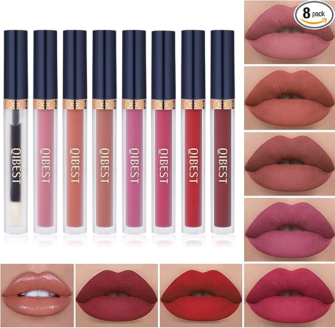 QiBest 7 colores de barras de labios líquidas mate + 1 pieza de relleno de labios nutritivo set de maquillaje, sets de regalo resistentes al agua y altamente pigmentados para niñas y mujeres