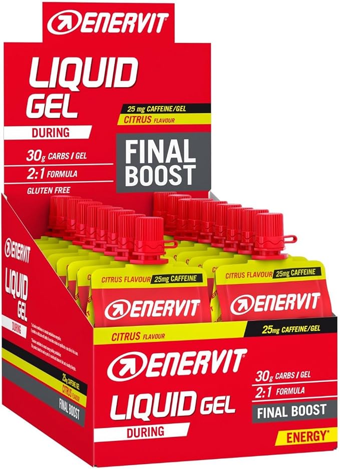 Enervit, Gel Líquido para Competir con Cafeína, Sabor Cítrico, Deportes de Resistencia, con 30 Gramos de Carbohidratos, 25 Miligramos de Cafeína, Maltodextrina y Fructosa, Envase de 18 (60 ml)