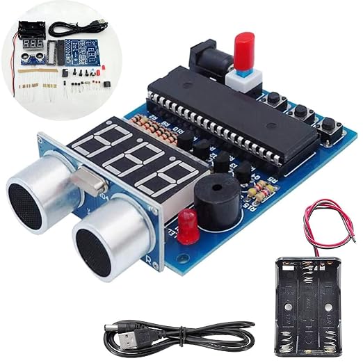 Kit de alarma de rango ultrasónico para aprender a soldar con cable macho USB a CC, caja de batería, módulo de sensor ultrasónico, para soldar practicando bricolaje