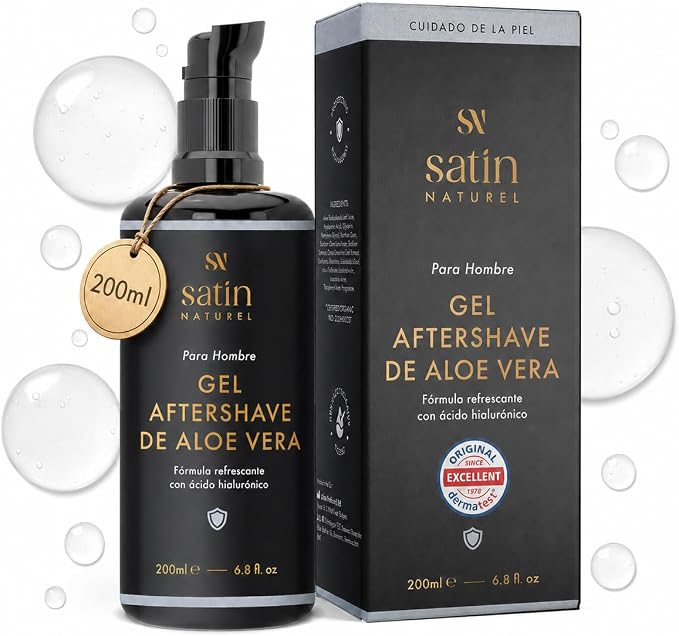 Satin Naturel After Shave 3:1 con Aloe Vera Gel 200ml – Crema Hidratante Facial + Gel Pelo – Serum Ácido Hialurónico – Cara y Contorno de Ojos – Regalo Original para Hombre