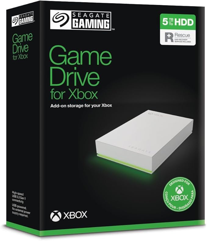 Seagate Game Drive for Xbox 5TB, Unidad de disco duro (HDD) externa portátil, USB 3.2 Gen 1, negra, certificación Xbox, LED RGB, Rescue Services (STKX5000100)