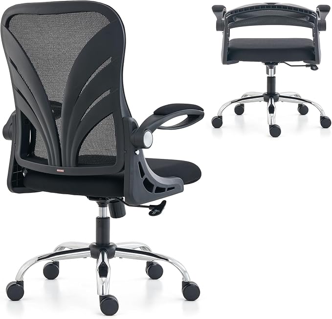 HOLLUDLE Silla de Oficina Ergonómica con Respaldo Plegable, Silla de Escritorio con Reposabrazos, Asiento Ancho y Soporte Lumbar de Malla, Silla Giratoria Ejecutiva para Computadora, Negro