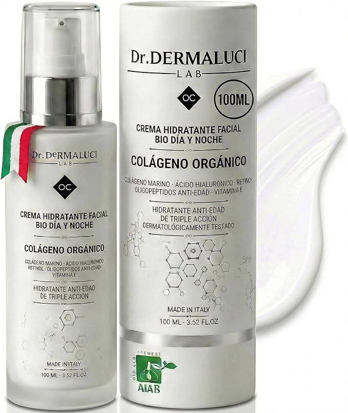 Dr. Dermaluci Crema Hidratante Facial Bio 100ml - Antiedad, Antiarrugas, Reafirmante - Con Colageno, Retinol, Acido Hialuronico, Vit E - Todo Tipo de Piel & Sensible - Mujer & Hombre - Made in Italy