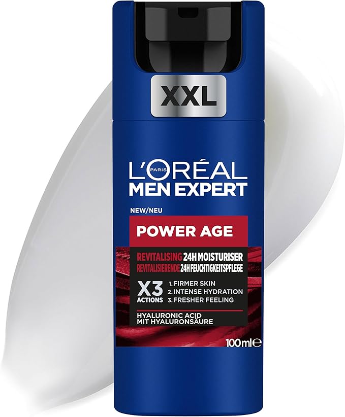 L'Oréal Crema hidratante para hombre, Antiarrugas y antienvejecimiento, Con ácido hialurónico hidratante para el envejecimiento, Para pieles secas y apagadas, Men Expert Power Age, 100ml