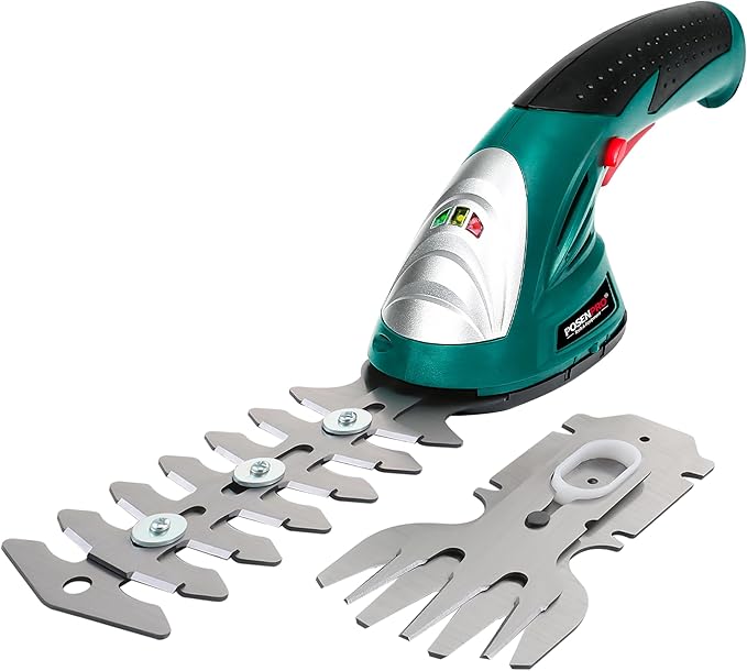 POSENPRO Tijera Cortacésped y Arreglasetos 2 en 1, Cortasetos eléctricas de 7,2 V, Batería de Litio 1.5 Ah con 2 Cuchillas, Adecuado para podar césped, arbustos y setos