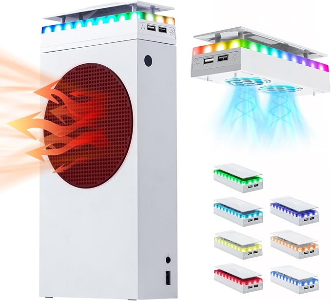 Mcbazel Ventilador Xbox Series S Cubierta de Polvo con 7 Efectos de Iluminación RGB, Soporta 4000/4300/4500 RPM/Transferencia de Datos USB/Puerto de Carga/Caja