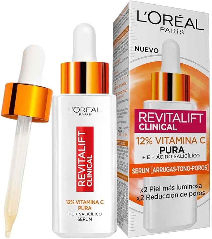L'Oréal Paris Sérum Facial 12% Pura Vitamina C , Piel más luminosa y poros menos visibles, Reduce las arrugas, la despigmentación y los poros, Revitalift Clinical, 30 ml