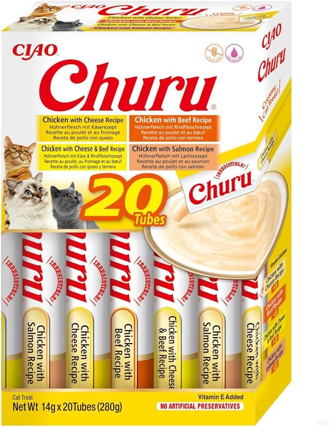 INABA Churu Gatos - 4 Recetas de Snacks Saludables a Base de Pollo - Deliciosos Premios con Textura Suave y Cremosa - Natural, Sin Cereales, Sin Conservantes, Sin Colorantes - 280g (20x14g)