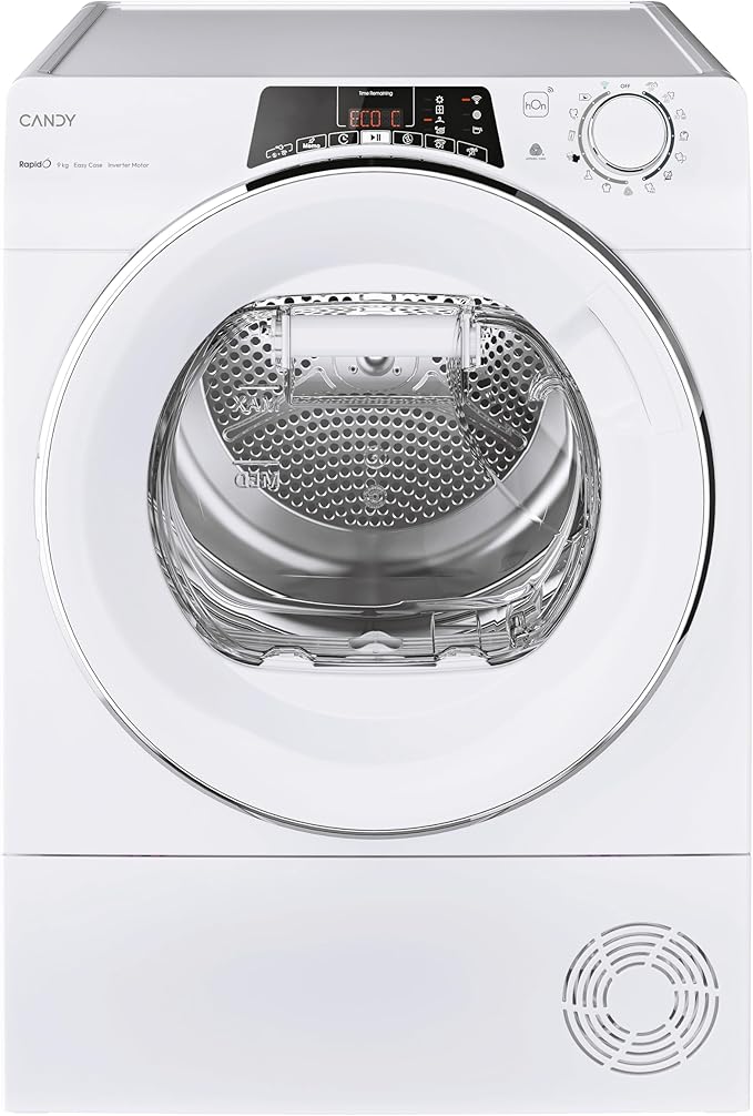 Candy RapidÓ ROE H9A3TCEX-S, Secadora 9KG, Bomba de Calor, Pantalla Smart Text, WiFi, App hOn, 14 Ciclos, 7 Rápidos, Cajón Condensación Easy Case de 5L, Inicio Diferido 24H, Blanco