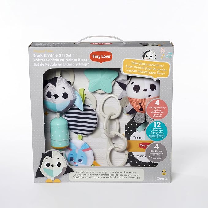 Tiny Love Magical Tales Black & White Set de Regalo, Set de Regalo para bebé con Juguetes para el Desarrollo, 4 Juguetes portátiles seleccionados a Mano, Desde el Nacimiento.