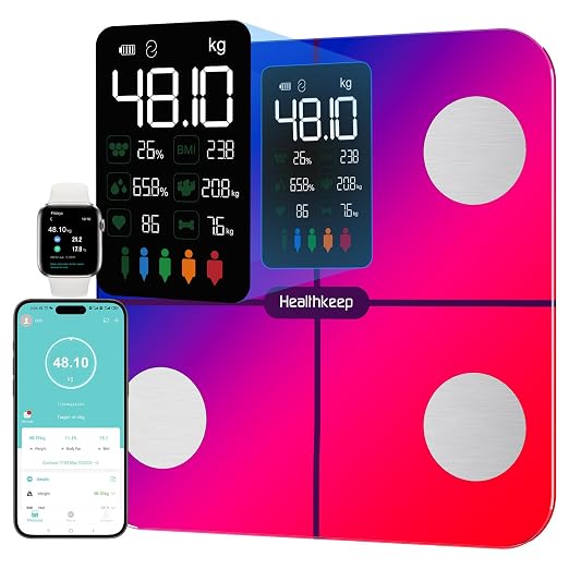 Báscula Grasa Corporal Healthkeep Báscula de Baño, Básculas Inteligentes Digitalescon Función de Frecuencia Cardíaca,15 Datos Corporales,Pantalla VA Extra Grande