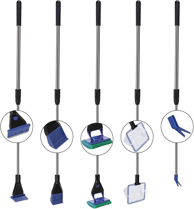 Nobleza Limpiadores para Acuarios, 5 en 1 Kit Retráctil Limpiador Acuario - Red de Pesca, Raspador de Algas, Rastrillo de Grava, Horquilla de Planta, Esponja
