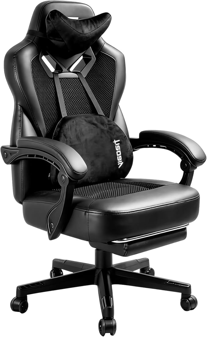Vigosit Silla de Gaming Pro con reposapiés, de PC de Malla con función de Masaje, Silla ergonómica reclinable para Gamer Ordenador, 150 kg, Grande y Alta de Oficina, Color Negro