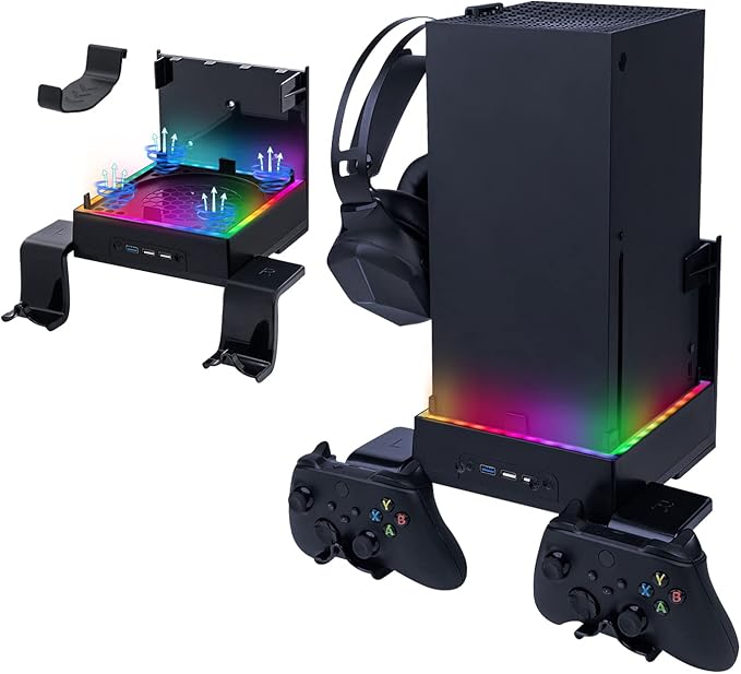 Mcbazel Soporte de Pared Xbox Series X Ventilador de refrigeración, Soporte de Sistema de refrigeración RGB LED Puertos USB/Soportes para Controladores.