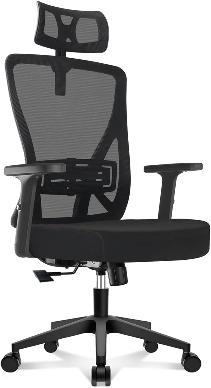 Durrafy Silla de Oficina Ergonómica, Reposacabezas y Soporte Lumbar Ajustables, Malla Transpirable, 120° Inclinación（No se Puede Bloquear）, 360° Giratoria, Carga 150kg. (Negro)