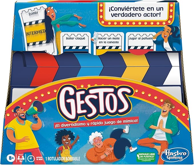 Hasbro Gaming Juego Gestos, Juego de Mímica para 4 o más Jugadores, Incluye Claqueta y Cartas Personalizables