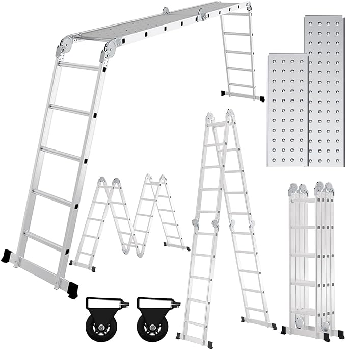 Escalera multifuncional de aluminio de 5,8 m - 4 x 5 peldaños - Escalera multifuncional con plataforma - Escalera con 2 tablas de andamio - Hasta 150 kg - Escalera plegable de 20 peldaños -