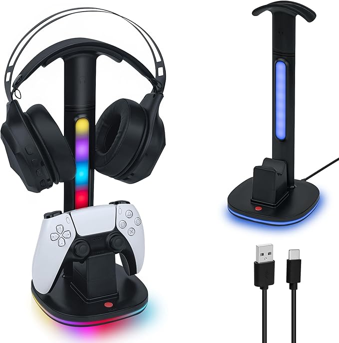 Mcbazel Cargador para Controlador PS5 DualSense, con Iluminación RGB Versátil y Soporte para Auriculares, Compatible con Mandos PS5 DualSense