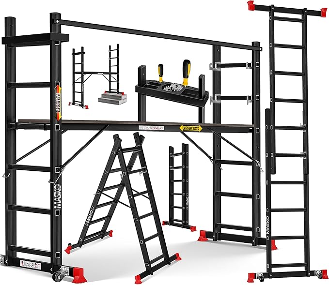 MASKO® Andamio, Andamio ✓ Aluminio ✓ Escalera ✓ Plataforma de Trabajo, Capacidad de Carga hasta 150 KG, Revestimiento Antideslizante, Escalera de andamio, Comprobado GS (EN 131), Negro