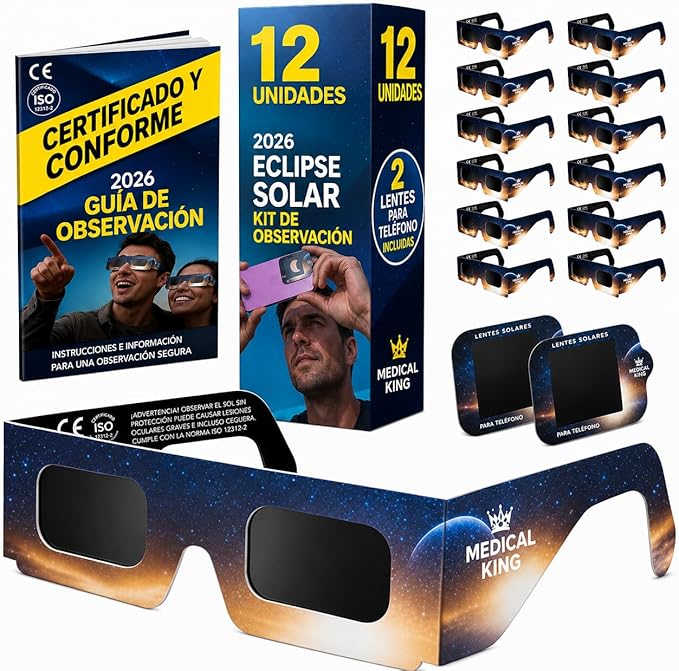 Medical king Gafas Eclipse Solar Homologadas ISO 12312-2 - Viene Con 2 Lentes Fotográficos Para Smartphone Aprobados según la norma ISO, con certificación CE: Gafas para ver eclipses solar 2026