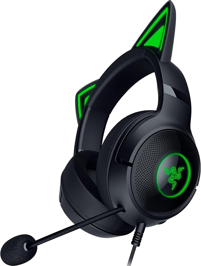 Razer Kraken Kitty V2 - Auriculares RGB por Cable con Orejas de Gatito (Iluminación reactiva al Streaming, Micrófono cardioide HyperClear, Diafragmas de 40 mm Triforce, Sonido Envolvente 7.1) Negro
