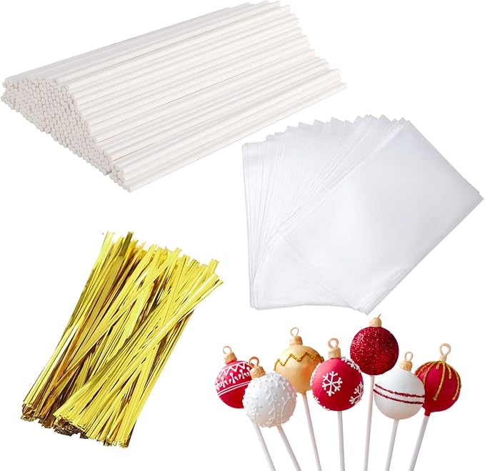 300 Piezas Juego de Palitos para Cake Pop, 100 Piezas 15 CM Palitos para Cake Pops,100 Piezas Bolsas para Paquetes 100 Piezas Ataduras, para Cakepop, Lollipop, Chocolate