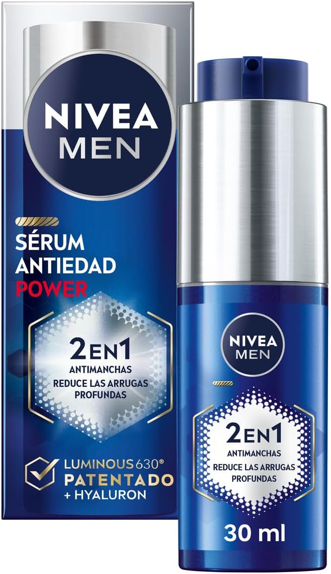 NIVEA MEN POWER Sérum Antiedad 2 en 1 - Serum Facial Hidratante para Hombre - Antimanchas y Antiarrugas - Con Luminous 630 y Ácido Hialurónico - Reduce Arrugas Profundas - Todo tipo de piel - 30 ml
