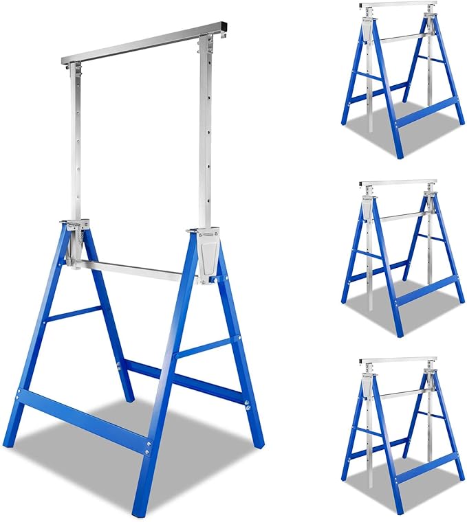 Daromigo Andamio de 4 caballetes de 7 alturas, altura regulable de 80 a 130 cm, plegable, de metal, capacidad de carga de 200 kg, color azul y plateado