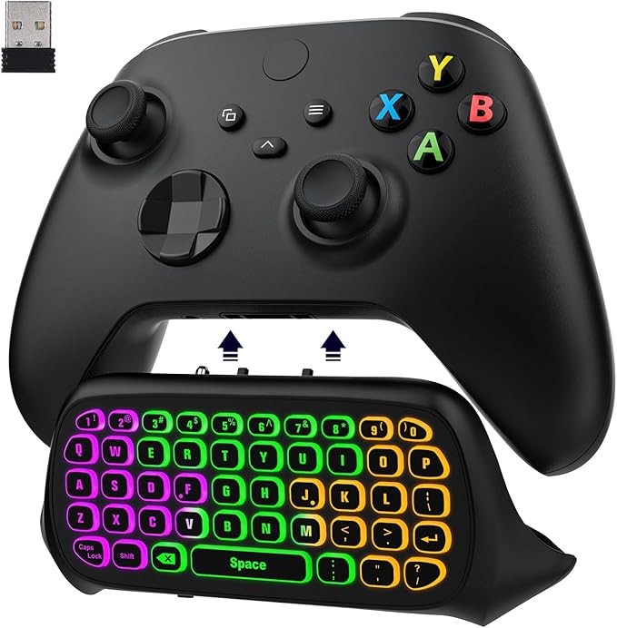 MoKo Teclado Inalámbrico con RGB Retroiluminación Colorida para Controlador Xbox One/One S/Series S/Series X/Elite/Elite 2, Mini Teclado de Xbox con Receptor 2,4G y Conector de Audio 3,5mm, Negro