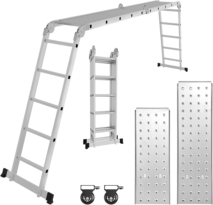 𝗬𝗮𝗸𝗶𝗺𝘇 Escalera multifunción de Aluminio, 4 x 5 m, 580 cm, 16 peldaños con 2 Placas de andamio y 2 Ruedas