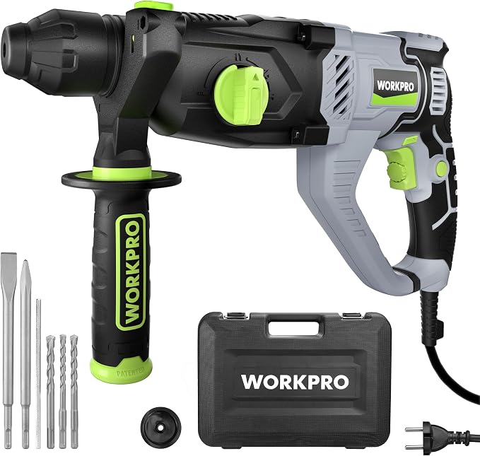 WORKPRO Taladro Percutor Eléctrico 1050W, 4 Funciones con Brocas SDS Plus
