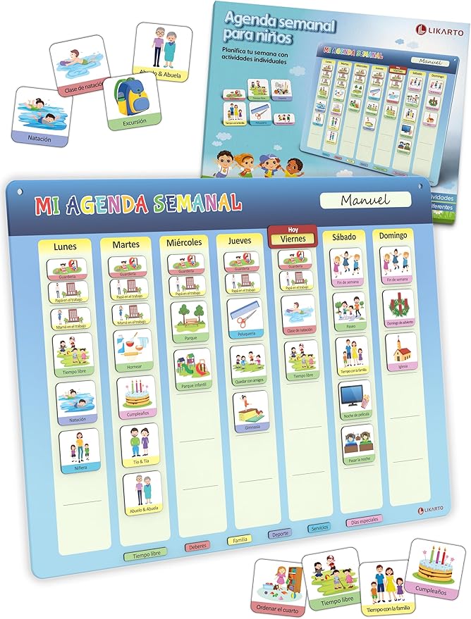 LIKARTO Agenda semanal para niños - Pizarra magnética planificador de Montessori con 198 imanes y cordón - Se puede escribir y borrar completamente - Fomenta la autonomía