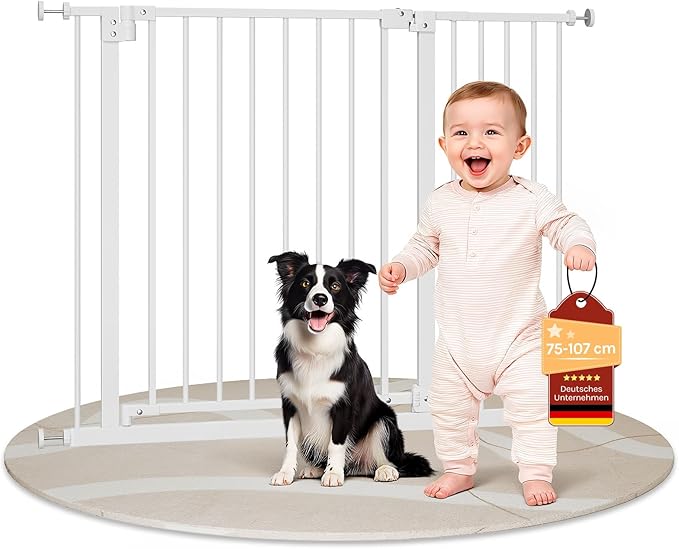 WOLTU Barrera Seguridad Infantil, Apertura de 75-107 cm, Barrera para Niños y Bebé, Barandilla Escalera Seguridad, Valla Metálica para Perros, Doble Bloqueo, Blanco