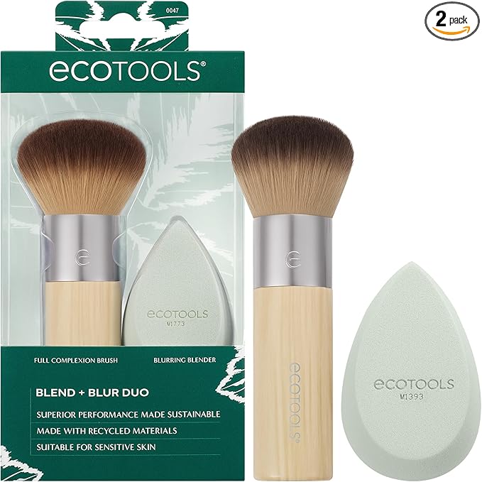 ECOTOOLS Blend + Blur Makeup Brush and Sponge Duo, Makeup Blending Sponge & Foundation Brush, For Liquid & Cream Products, Cloud Skin, Eco Friendly, Latex-Free, Cruelty Free, & Vegan, 2 Count