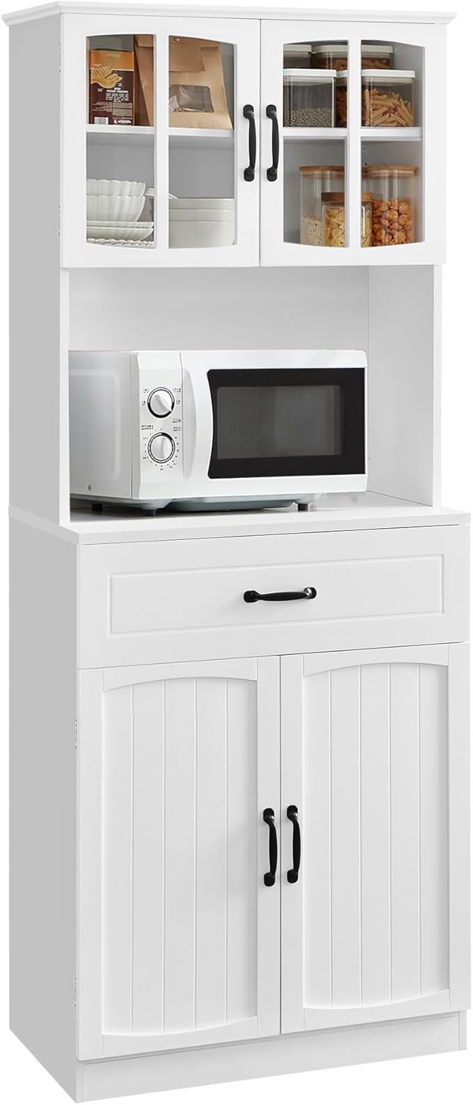 VASAGLE Armario Alto, Armario de Cocina con Puertas de Cristal y Estantes Ajustables, Cajón, Orificio para Cables, para Microondas, Estilo Moderno, Blanco LSC361W21