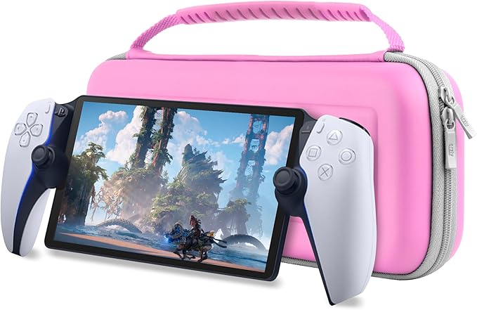 Funda rosa de Orzly para PlayStation Portal Remote Player para consola PS5 con accesorios, protección de viaje y almacenamiento para el cargador del auricular y más
