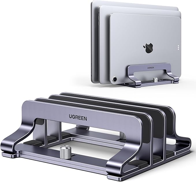 UGREEN Soporte Vertical para Portátil Ajustable con 3 Ranuras, Elevador Laptop Stand de Mesa Compatible con MacBook Pro/Air, Matebook, HP, iPad, Tableta y Otro Gris